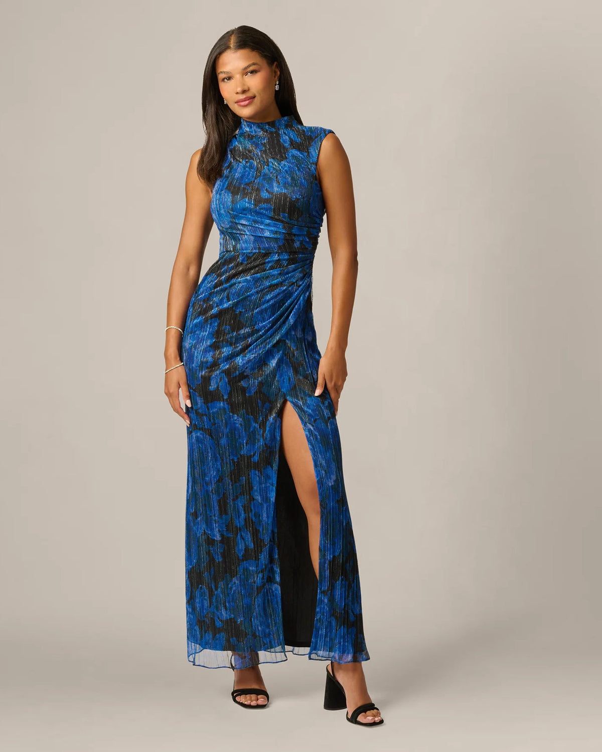 Blue and black floral print A-line maxi dress with ruched waist and front slit