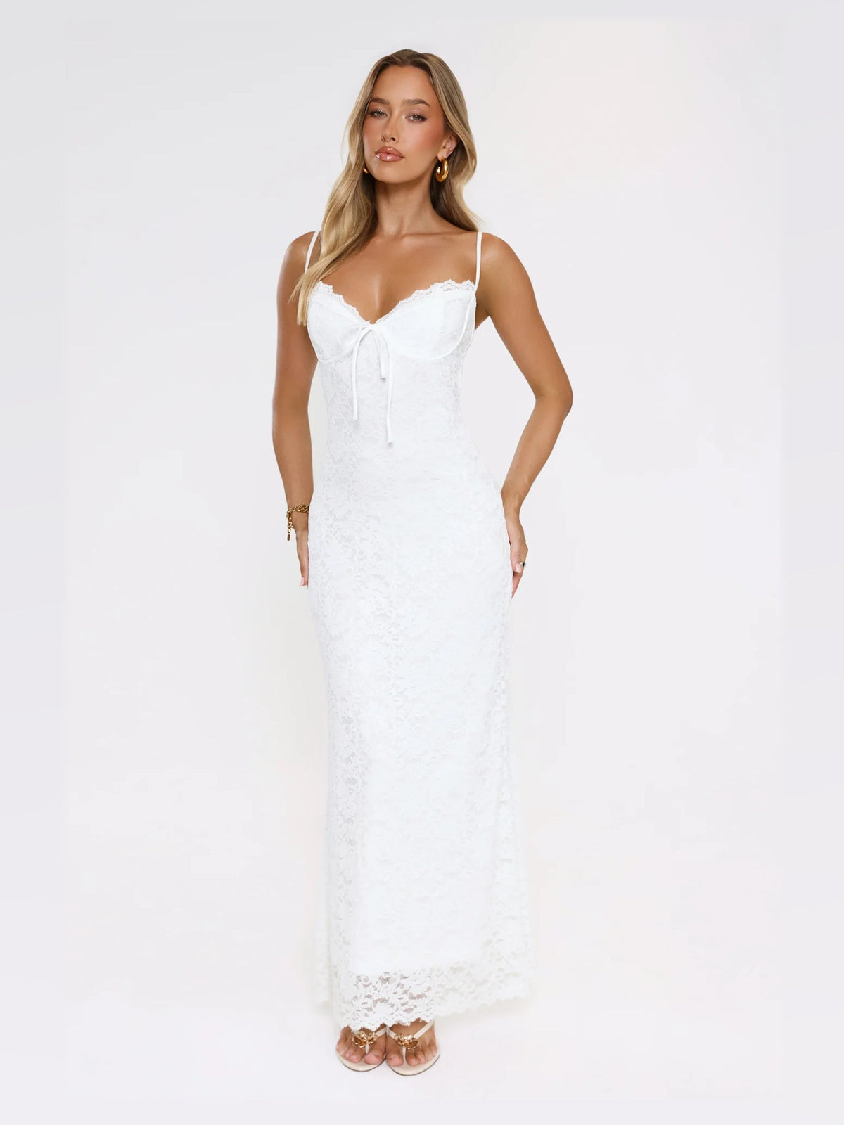 White maxi formal dress, alternate full-length view showing the waistline