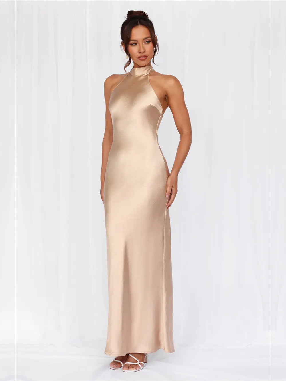 Champagne sheath maxi formal dress with halter neckline, alternate view showing the bodice