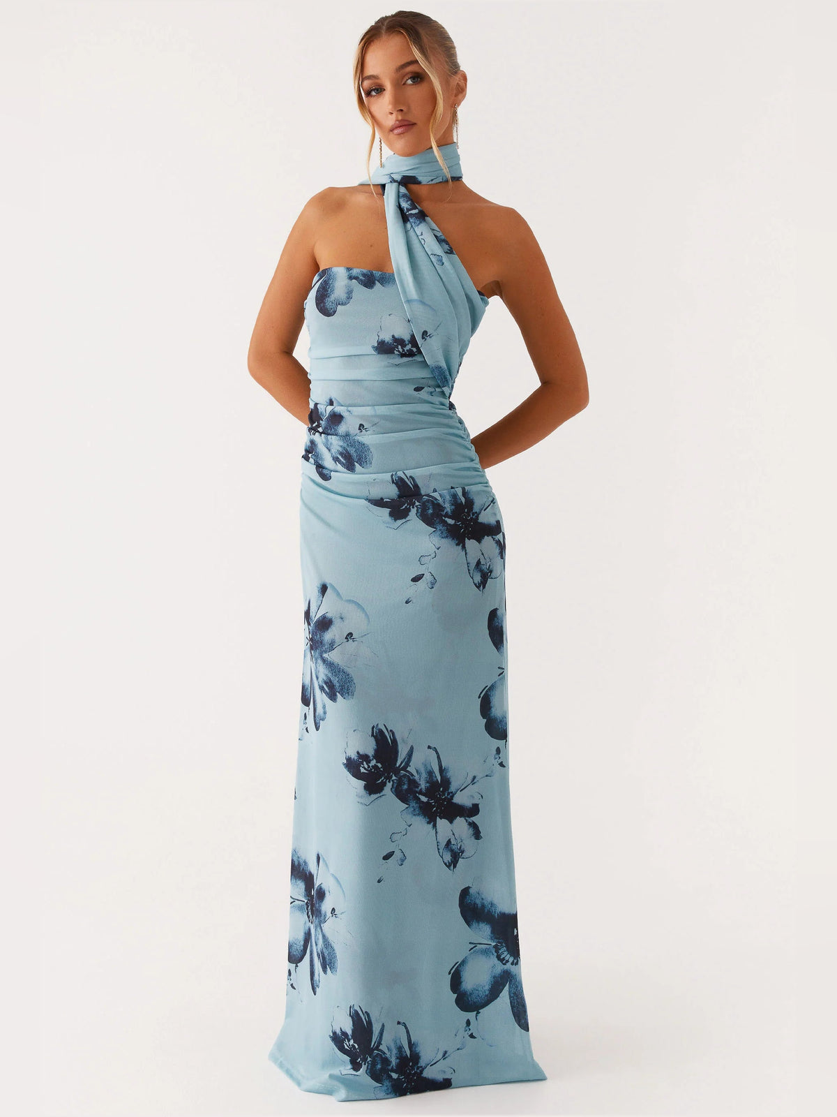 Blue Black Floral sheath maxi formal dress with floral print, alternate full-length view