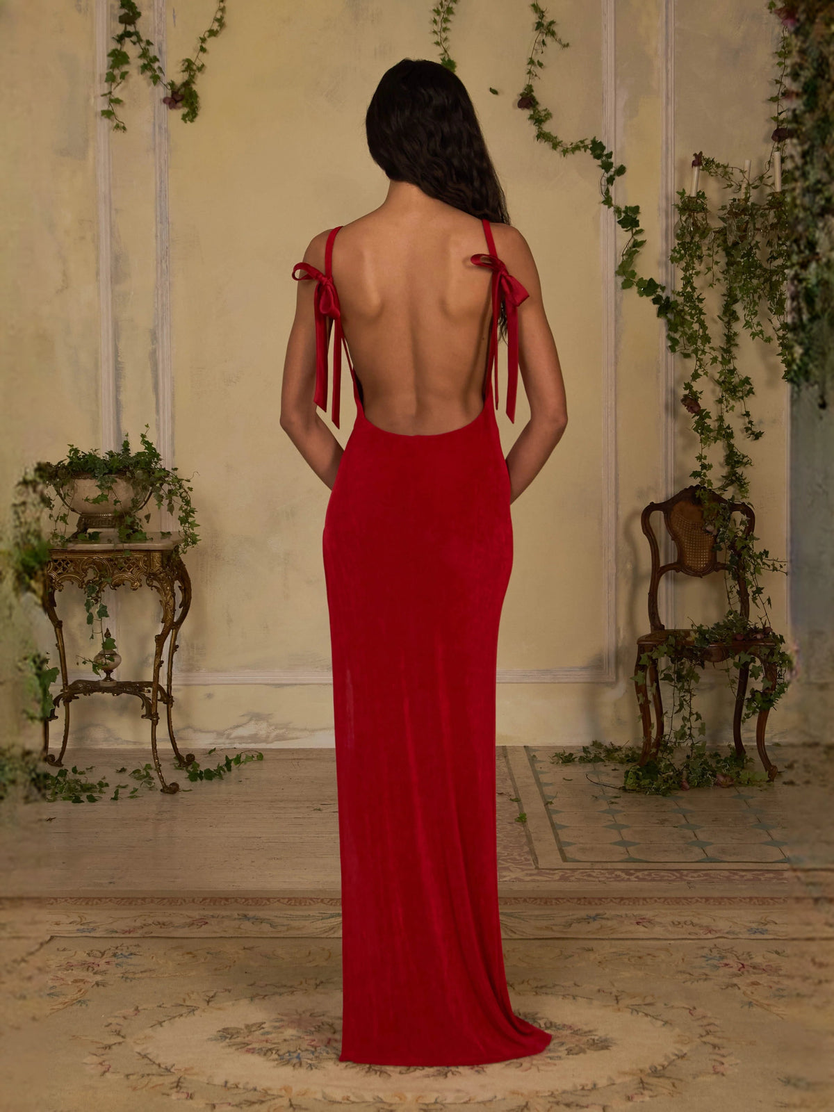 Red velvet mermaid prom dress, open back with tie straps and back slit