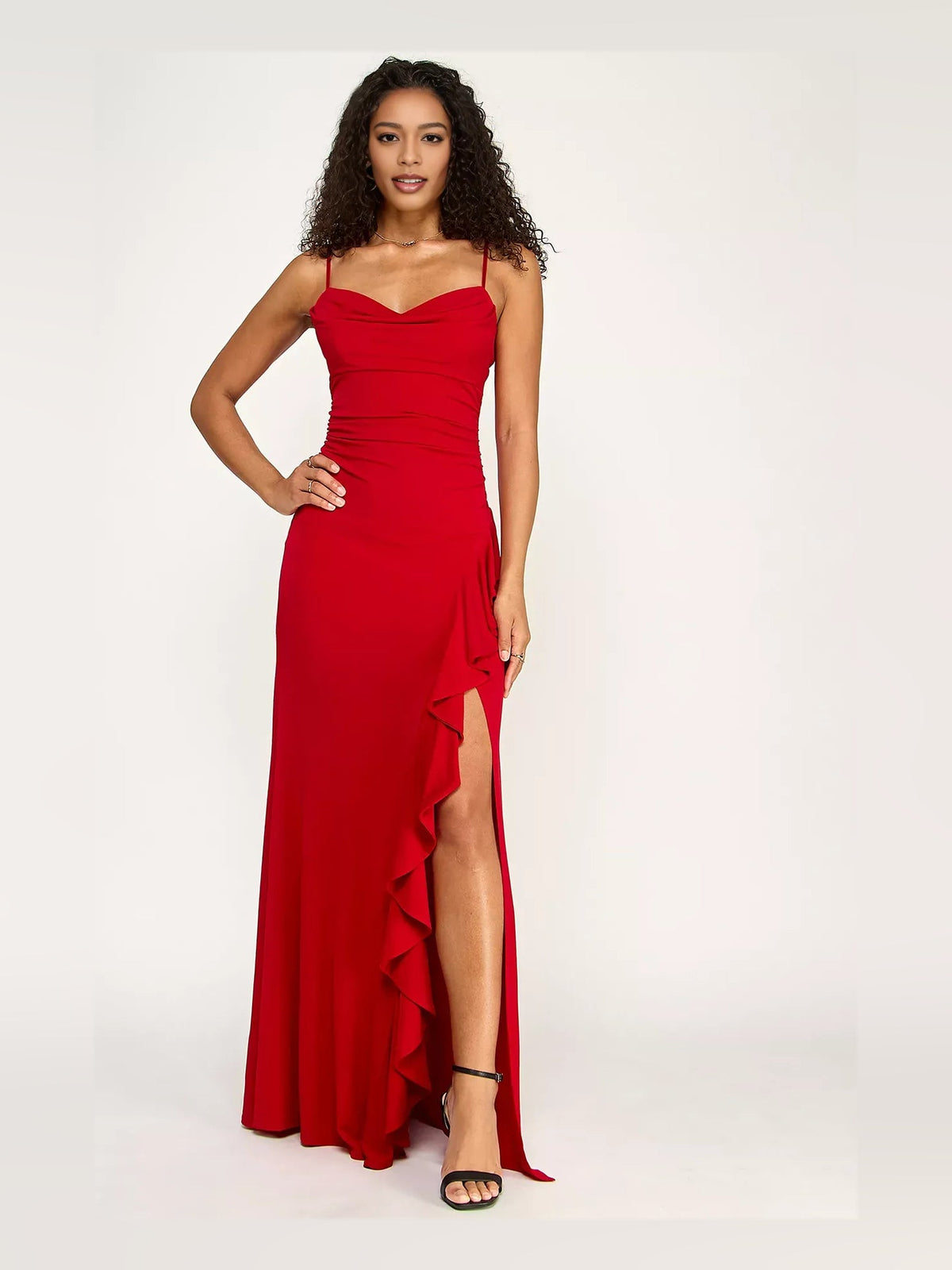 Red cowl neck ruched formal dress with ruffled side and floor-length hem