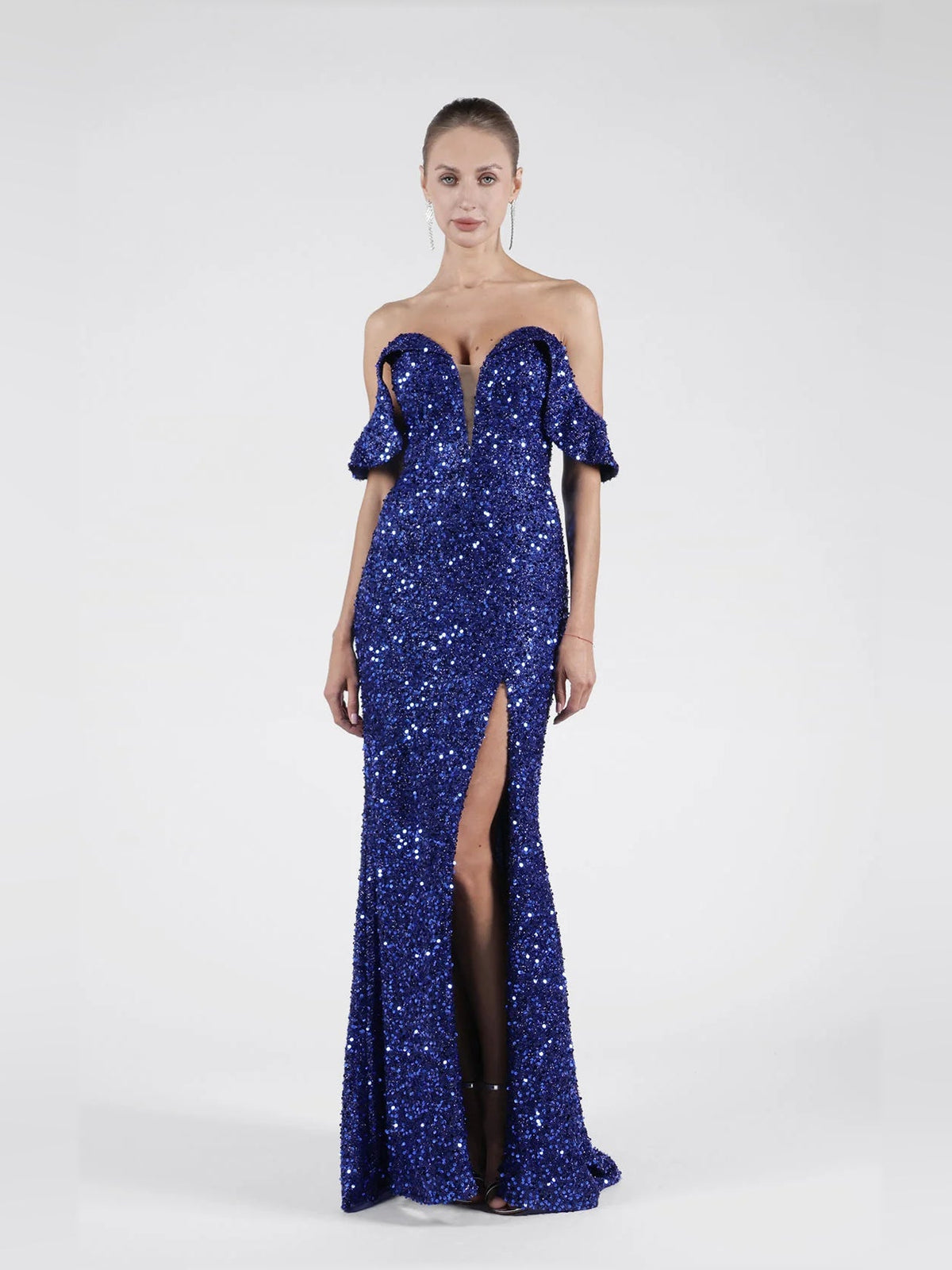 Dark blue sequin off-shoulder mermaid formal dress with high front slit