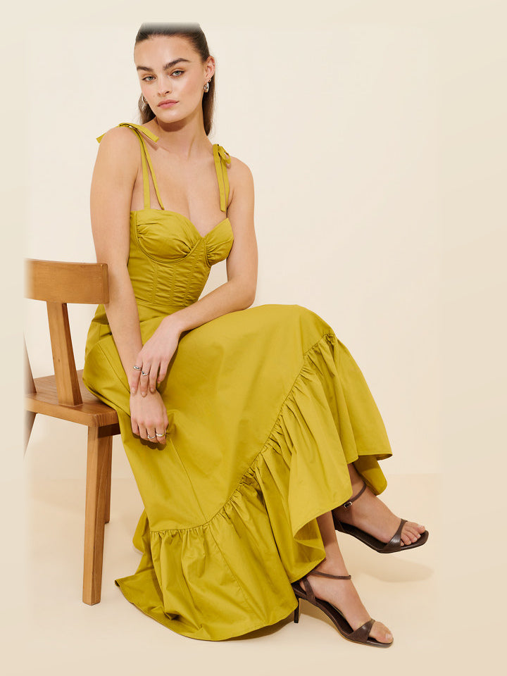 Mustard Yellow maxi formal dress, alternate full-length view showing the waistline