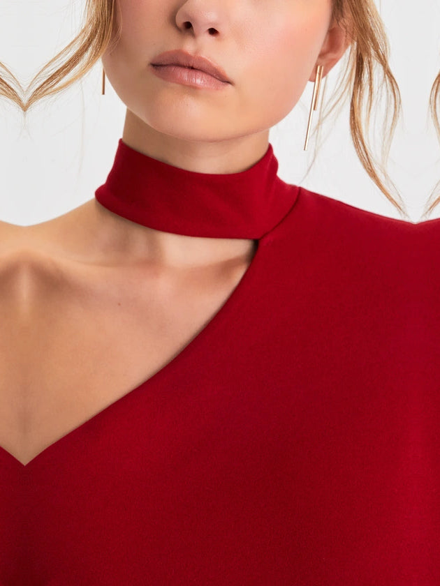 Red sheath maxi formal dress with cutout detail, alternate view