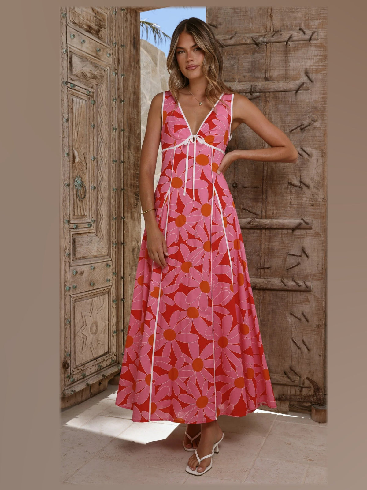 Pink Red Floral maxi formal dress, alternate full-length view showing the waistline