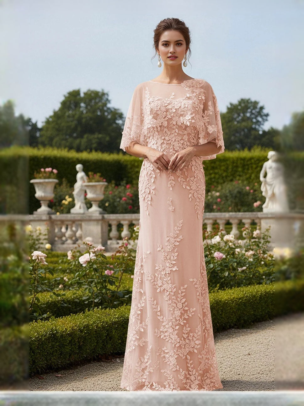 Blush pink tulle mermaid maxi dress with floral applique, bateau neckline, 3/4 sleeves