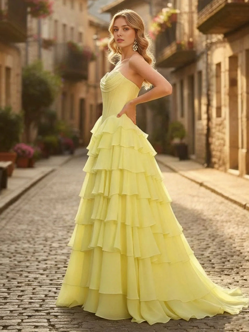 Canary-yellow sweetheart A-line prom dress with corset bodice and tiered ruffle skirt