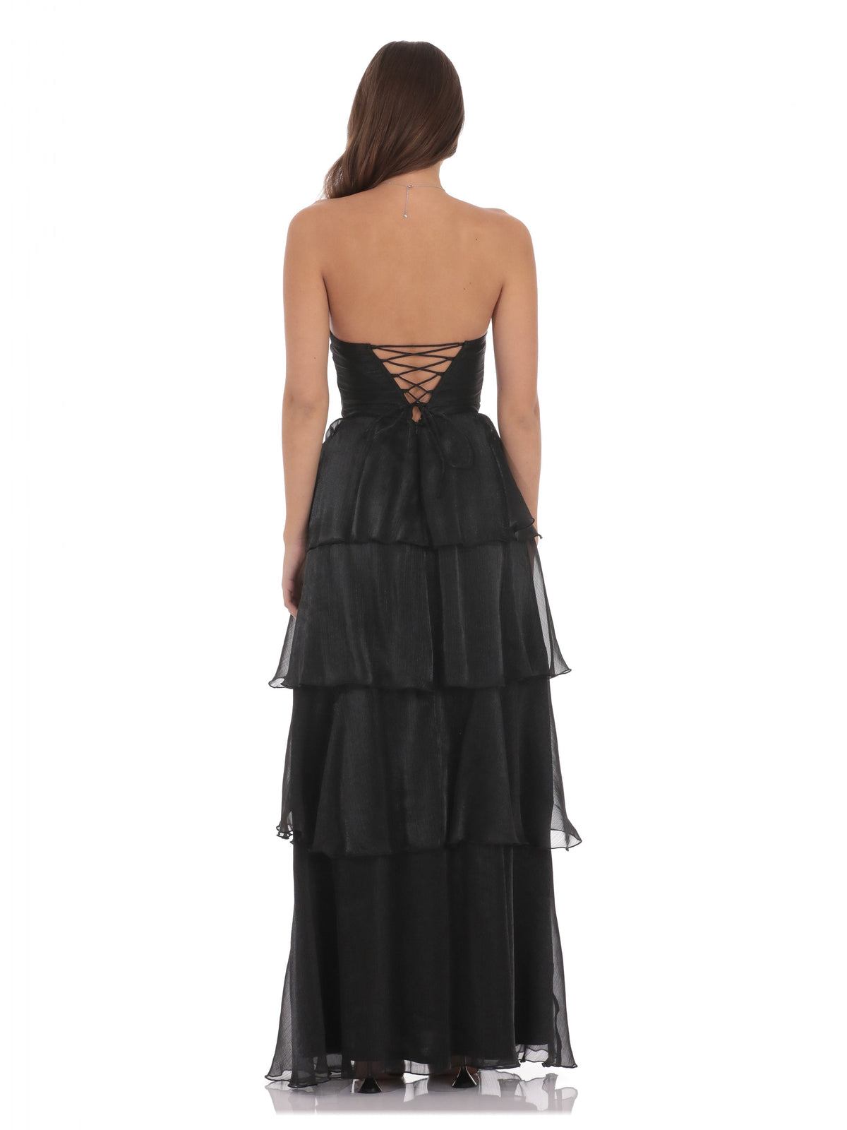 Black bridesmaid dress with structured woven fabric construction and maxi hem