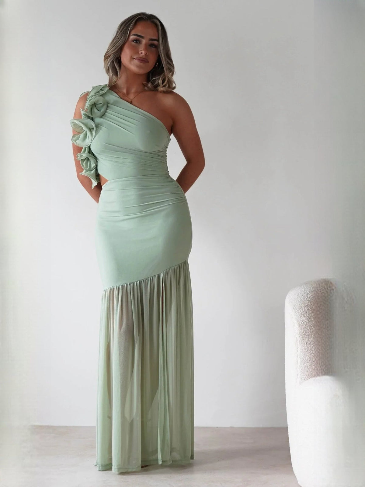 Sage fit-and-flare maxi formal dress with pleated skirt, alternate full-length view