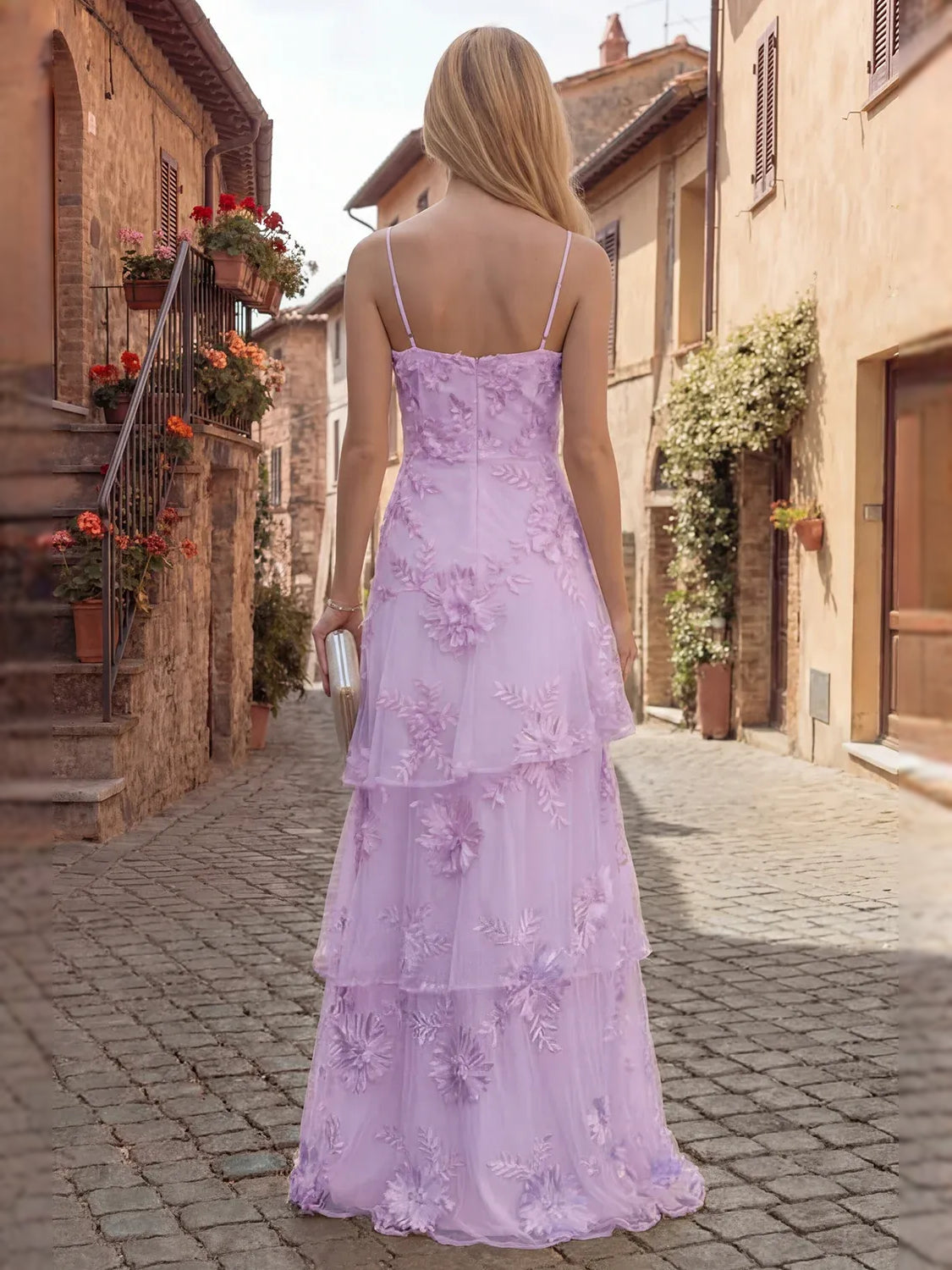 Tiered ruffled floral square-neck tulle prom dress in lilac, open-back view