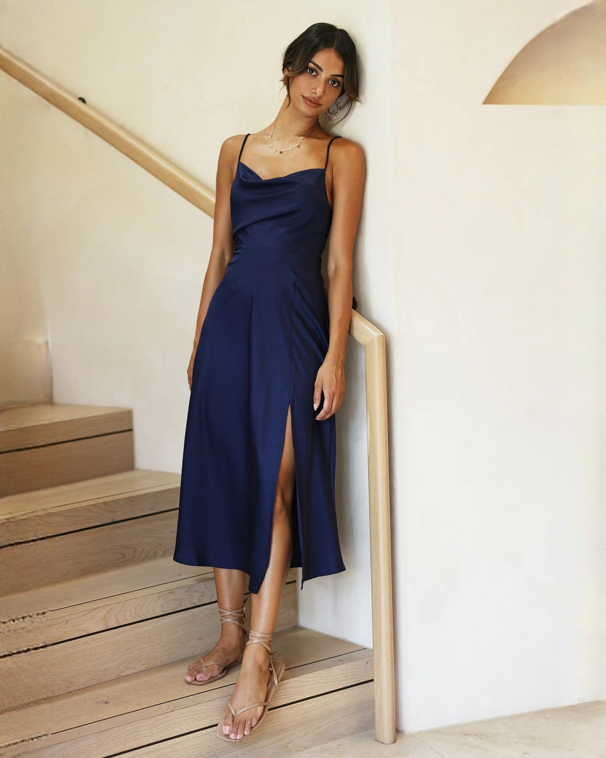 Navy satin A-line maxi bridesmaid dress, spaghetti straps, draped bodice, side slit
