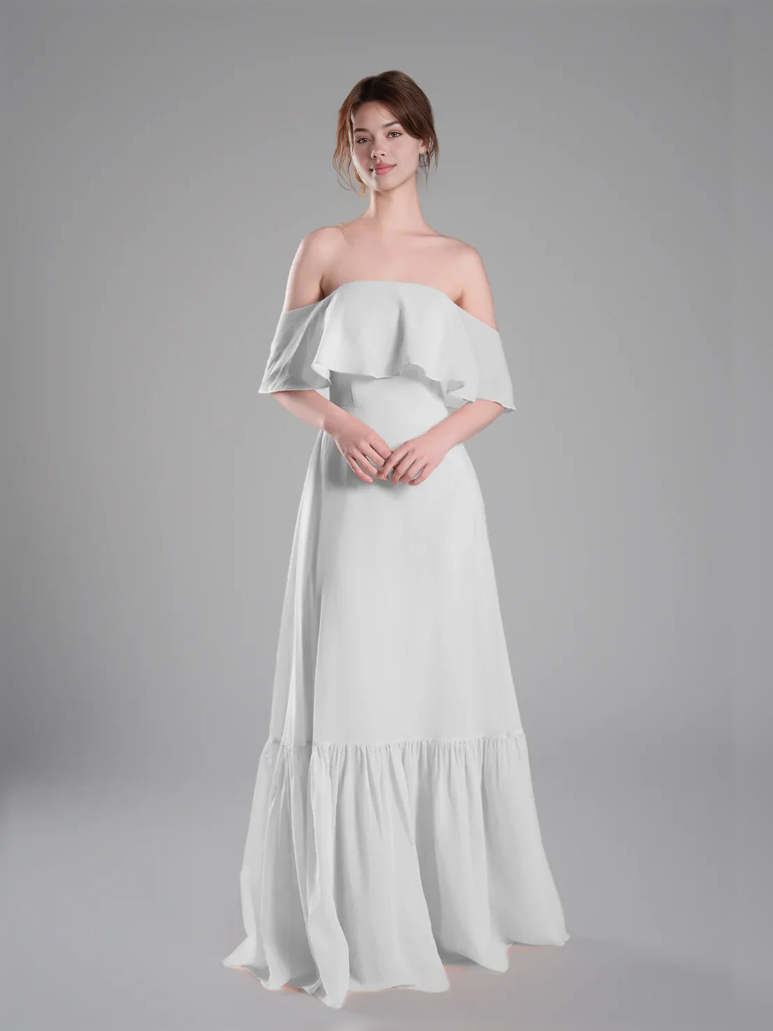 Ivory off-shoulder chiffon A-line dress with tiered ruffled hem, floor-length