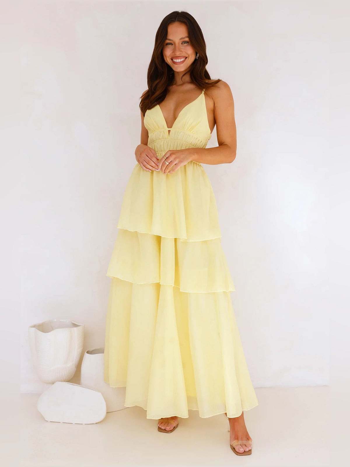 Yellow a-line maxi formal dress with tiered skirt, alternate view