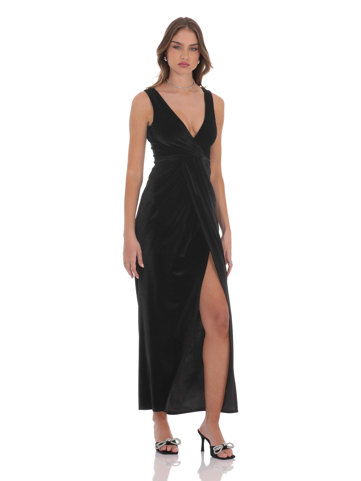 Black bridesmaid dress with structured woven fabric construction and maxi hem