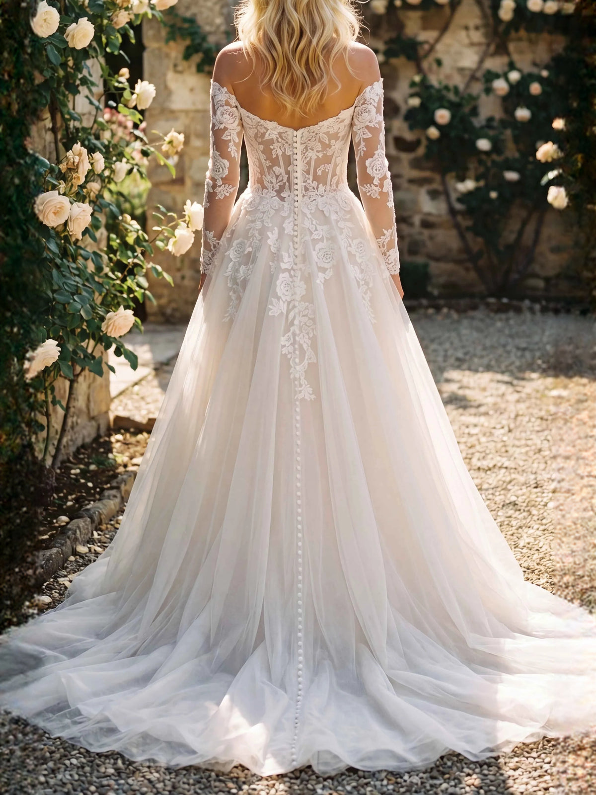 Back view: ivory off-shoulder lace corset A-line tulle wedding dress with train