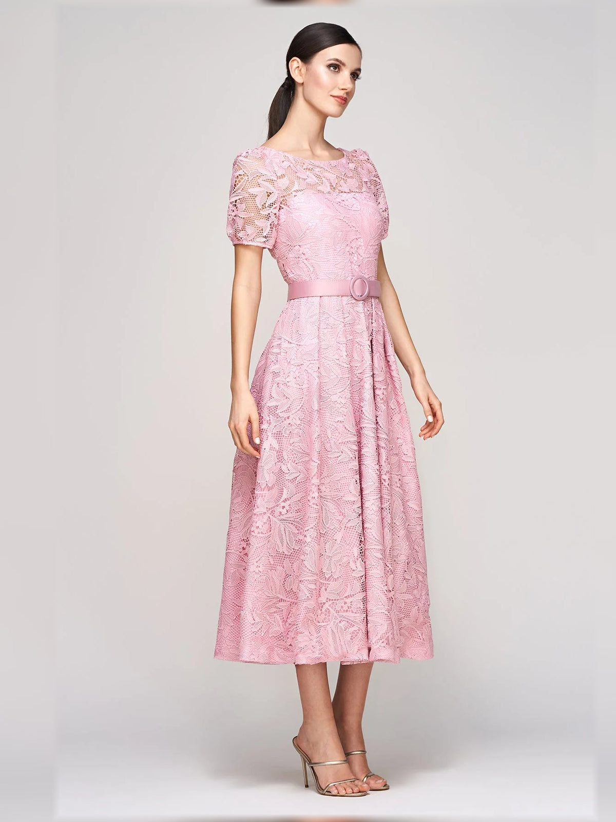 Pink floral lace A-line tea-length dress with short puff sleeves and fitted bodice