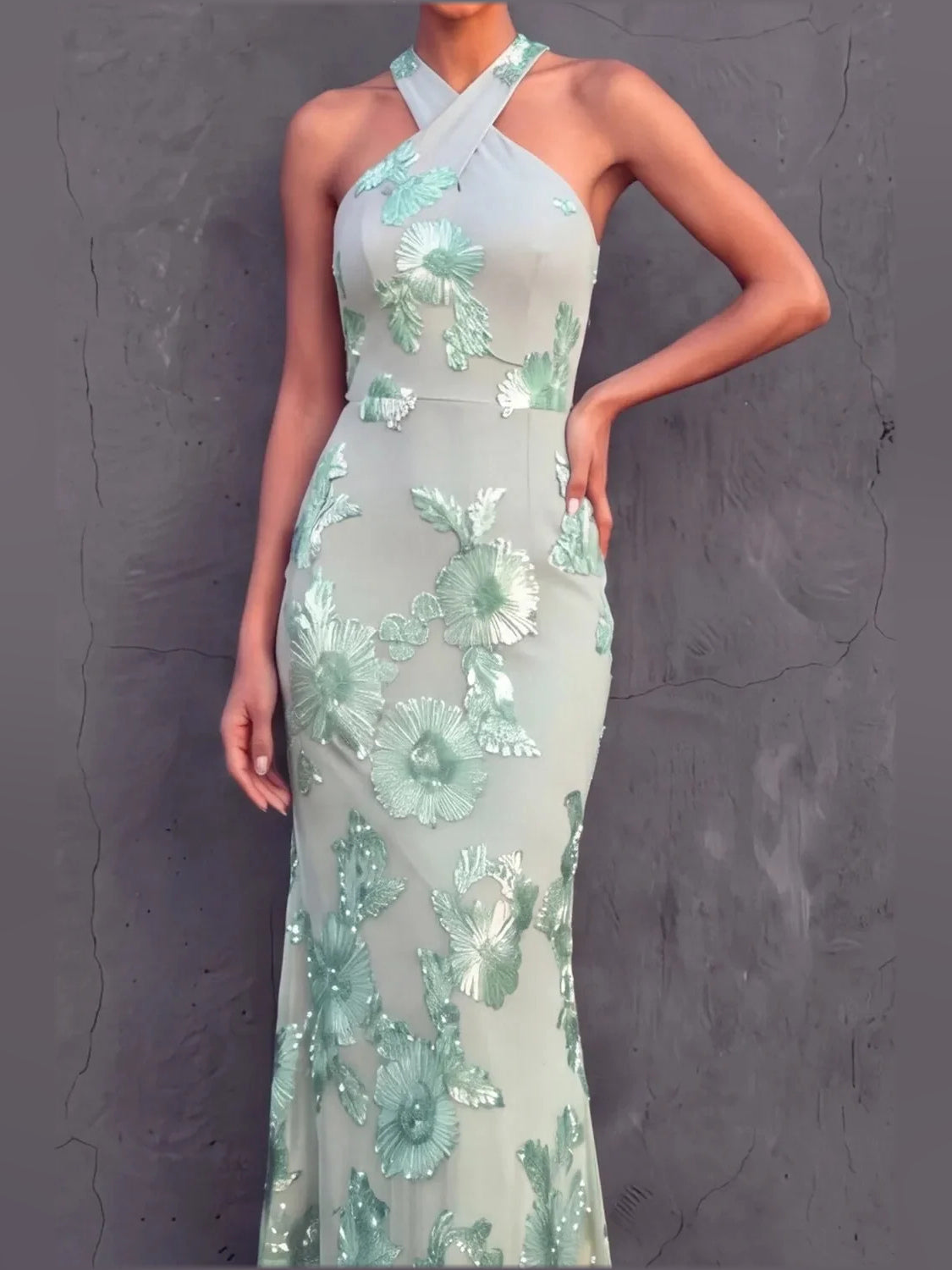 Ice blue halter corset prom dress bodice with 3D floral appliques and diagonal cutout