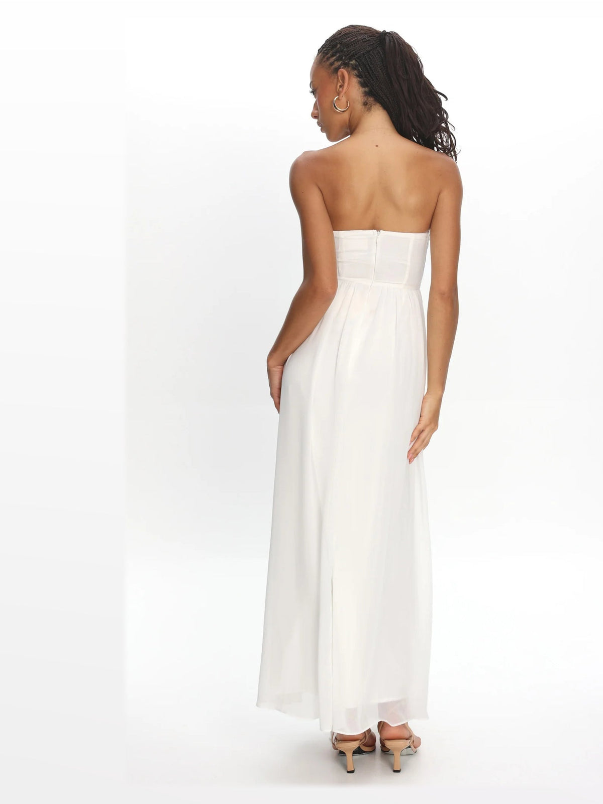 Oyster formal dress with structured woven fabric construction and maxi hem