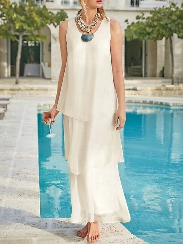 Ivory tiered chiffon maxi dress, scoop neck, sleeveless A-line