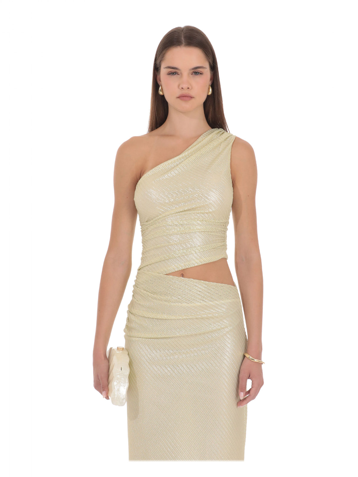 Gold bridesmaid dress with structured woven fabric construction and maxi hem