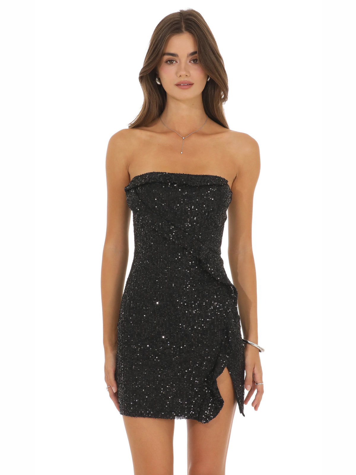 Black homecoming dress with mesh construction and mini hem