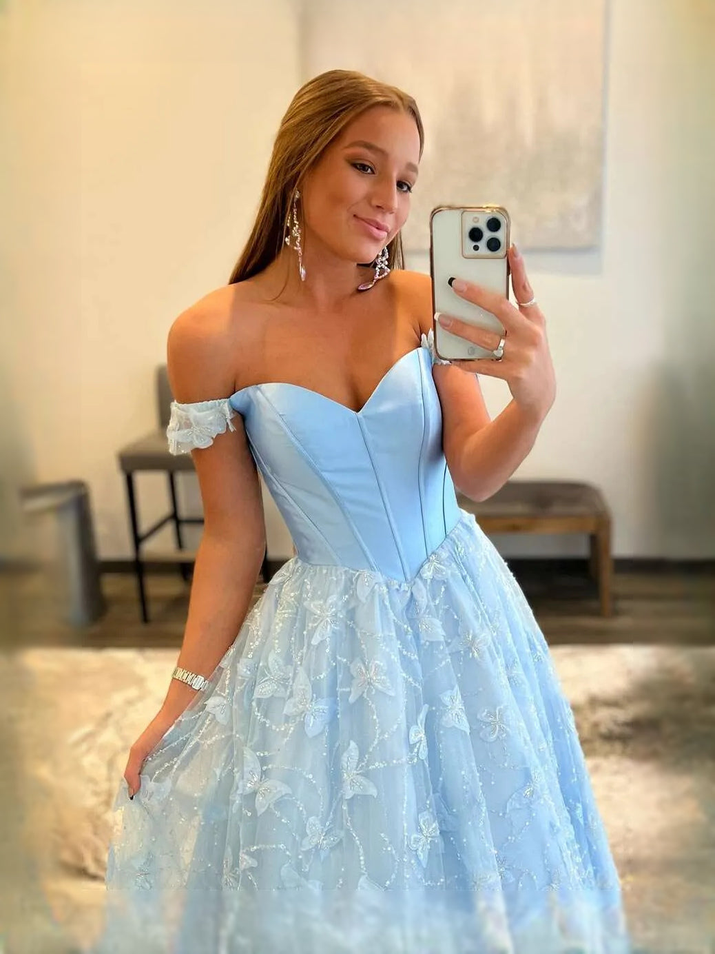 Sky-blue sweetheart corset A-line maxi dress with off-shoulder ruffles