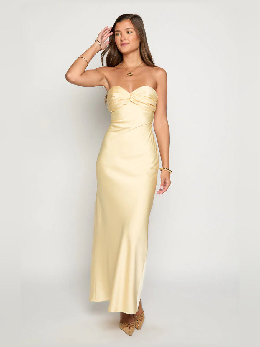 Yellow sheath maxi formal dress with ruching, alternate full-length view showing the bodice