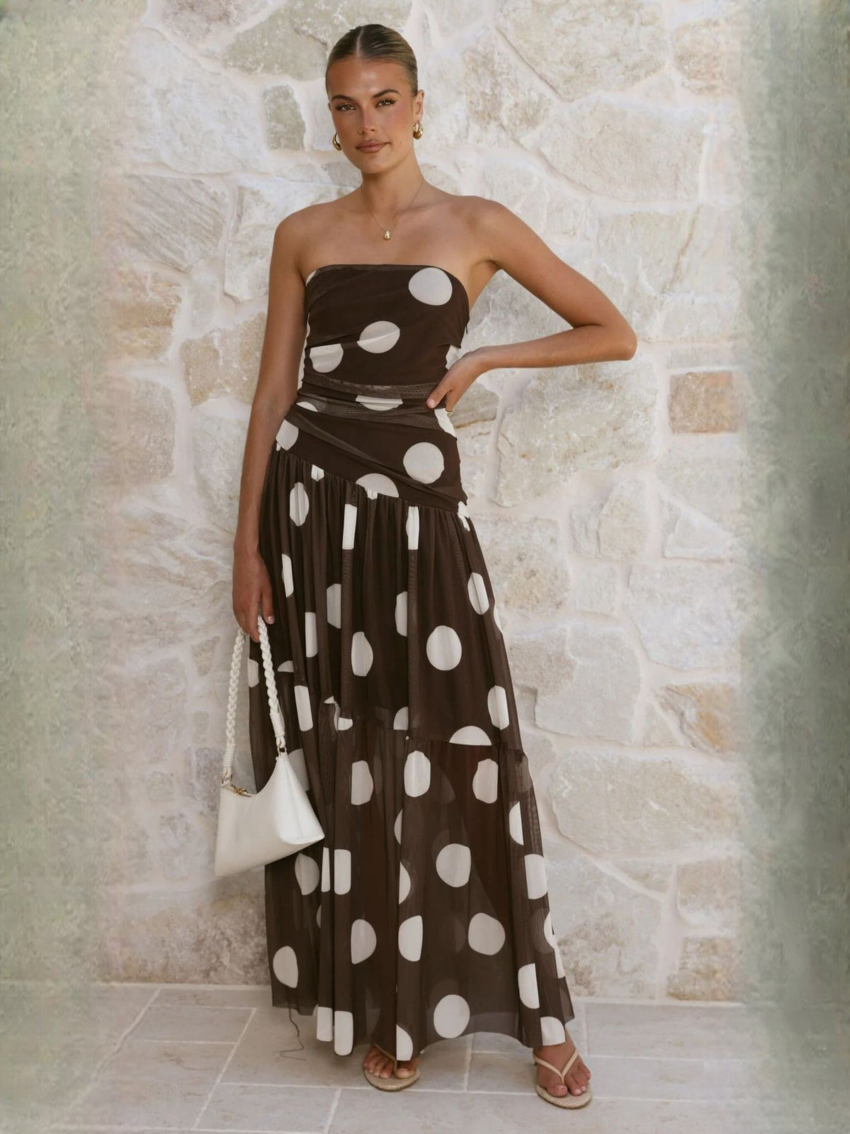 Chocolate White Polka Dot a-line maxi formal dress with printed pattern, alternate full-length view