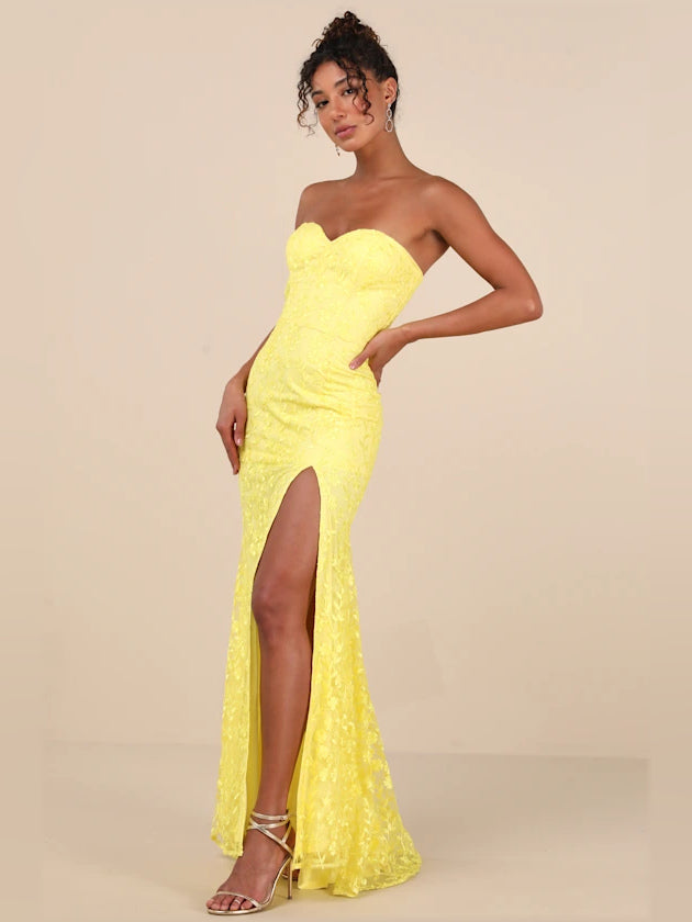 Yellow Floral mermaid maxi formal dress with embroidery, alternate view