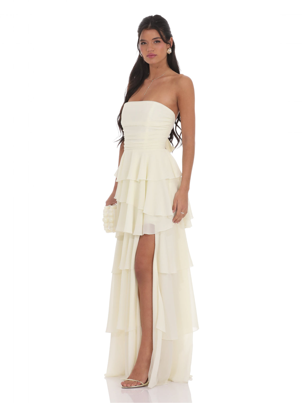 Ivory bridesmaid dress with structured woven fabric construction and maxi hem