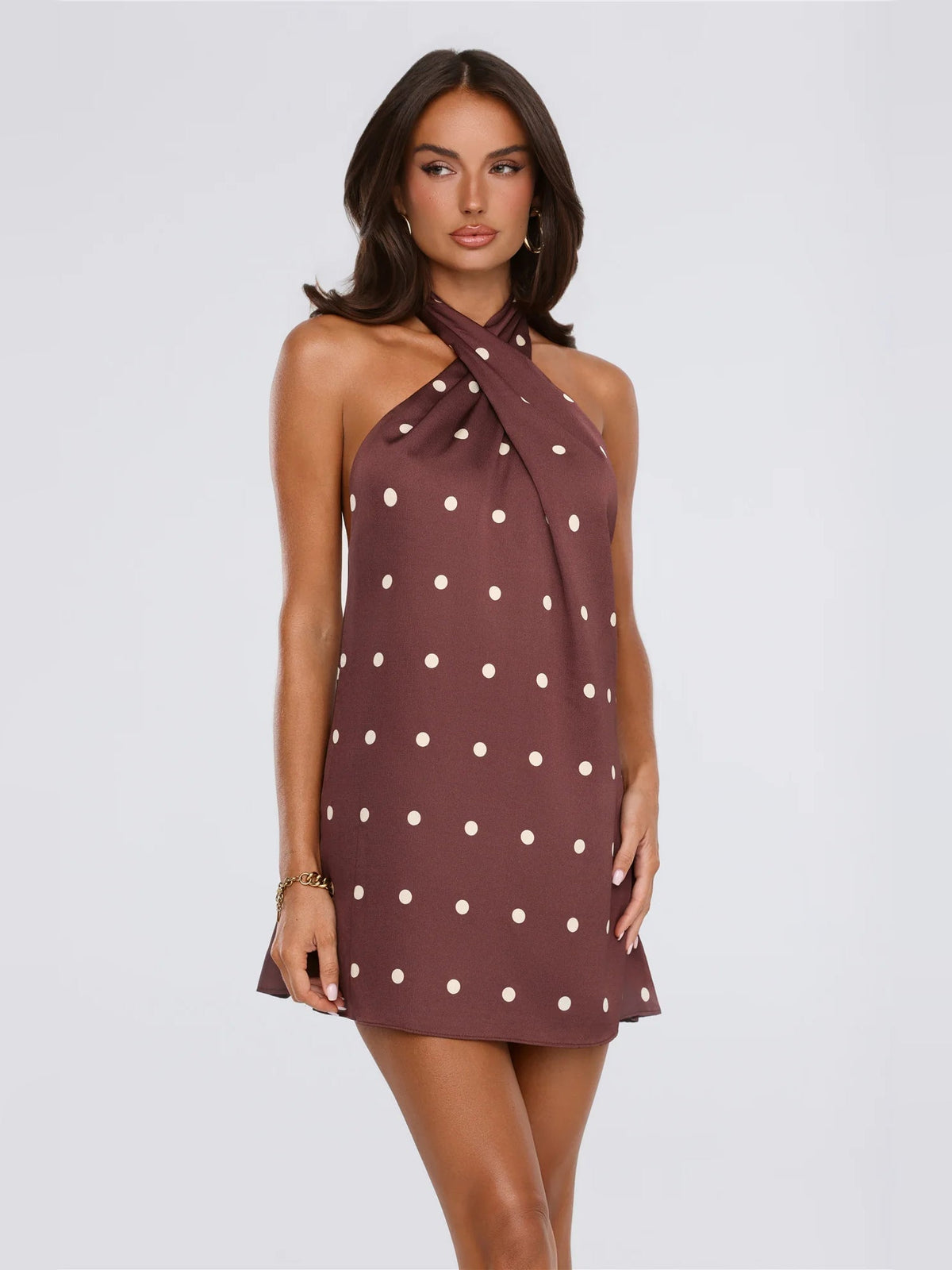 Polka-dot halter mini satin dress, dark plum with white dots, tied halter neck detail