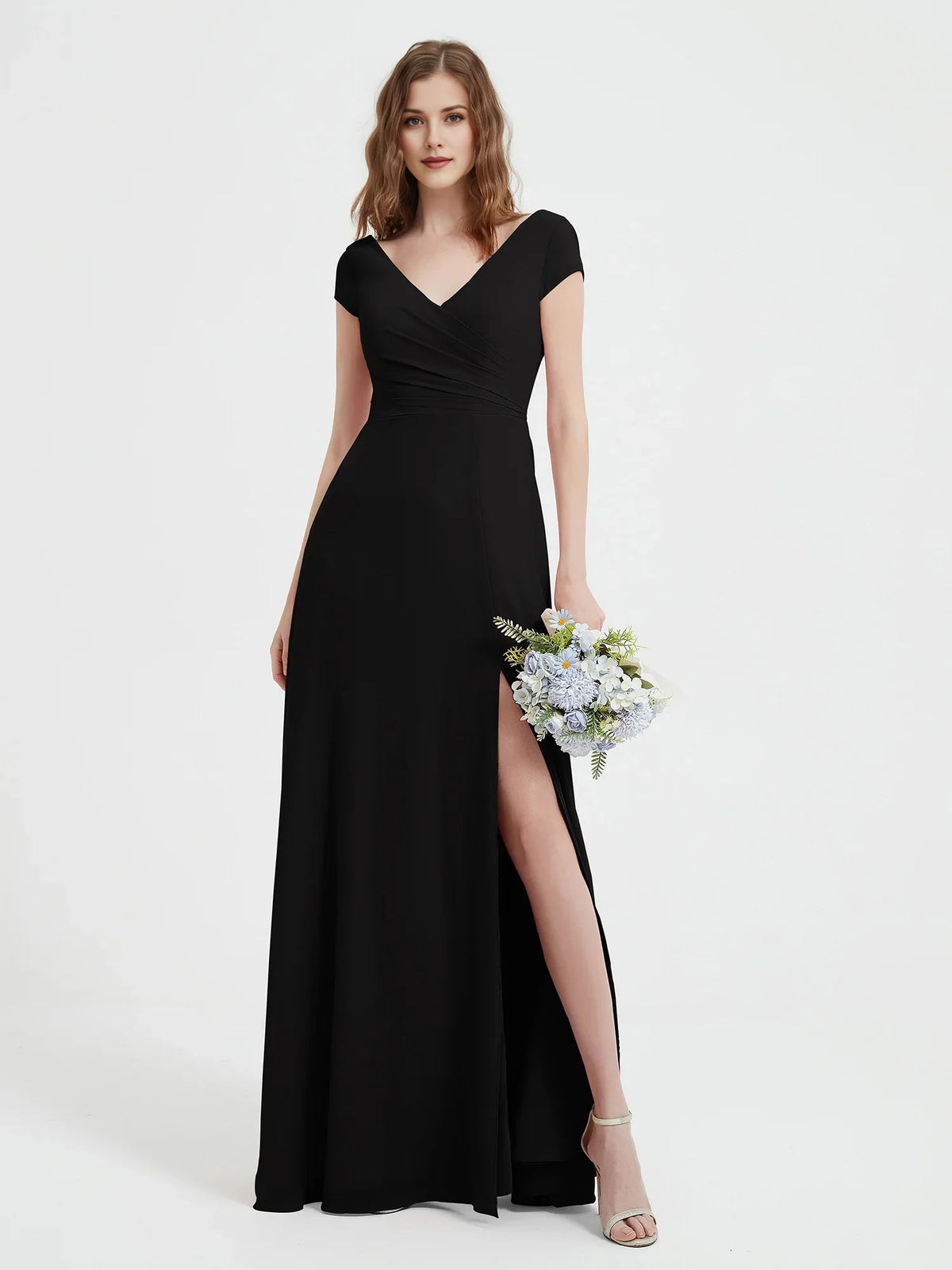 Black ruched V-neck A-line maxi dress with cap sleeves and side slit