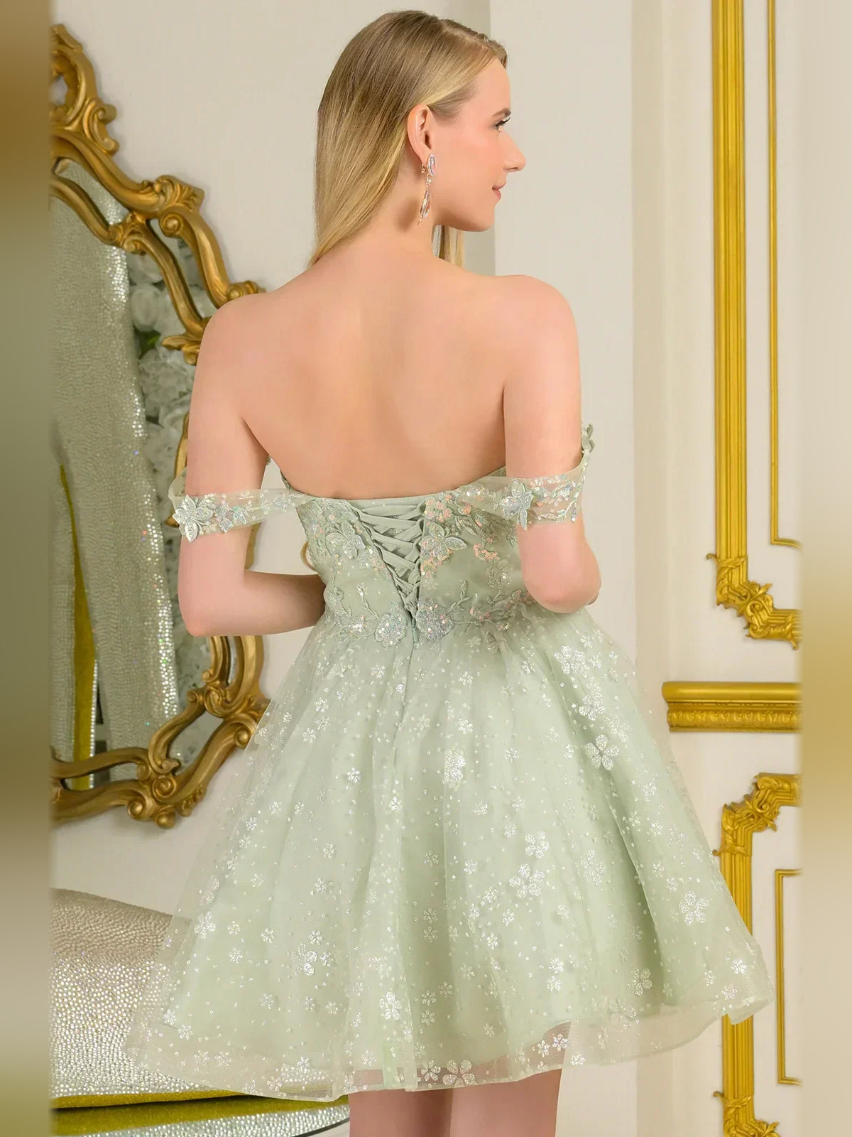 Green sweetheart off-shoulder A-line mini tulle dress with sparkly floral appliques