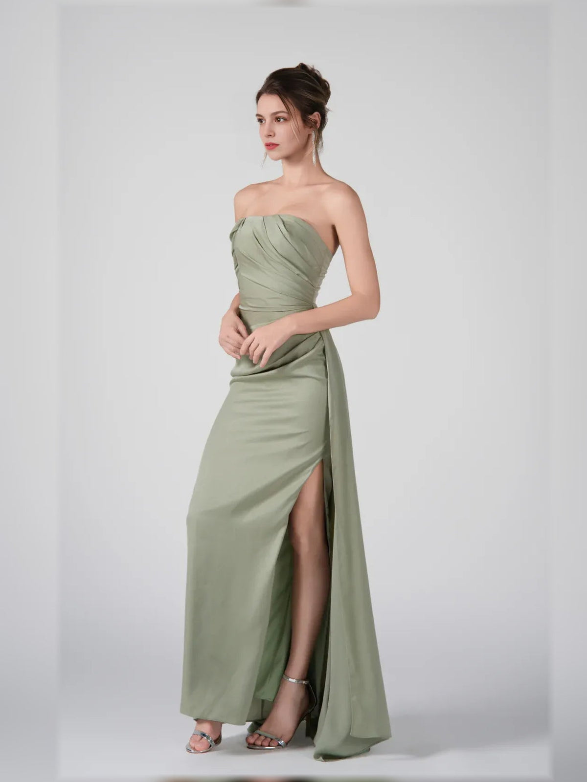 Dusty sage off-shoulder maxi dress with ruched bodice and front side slit