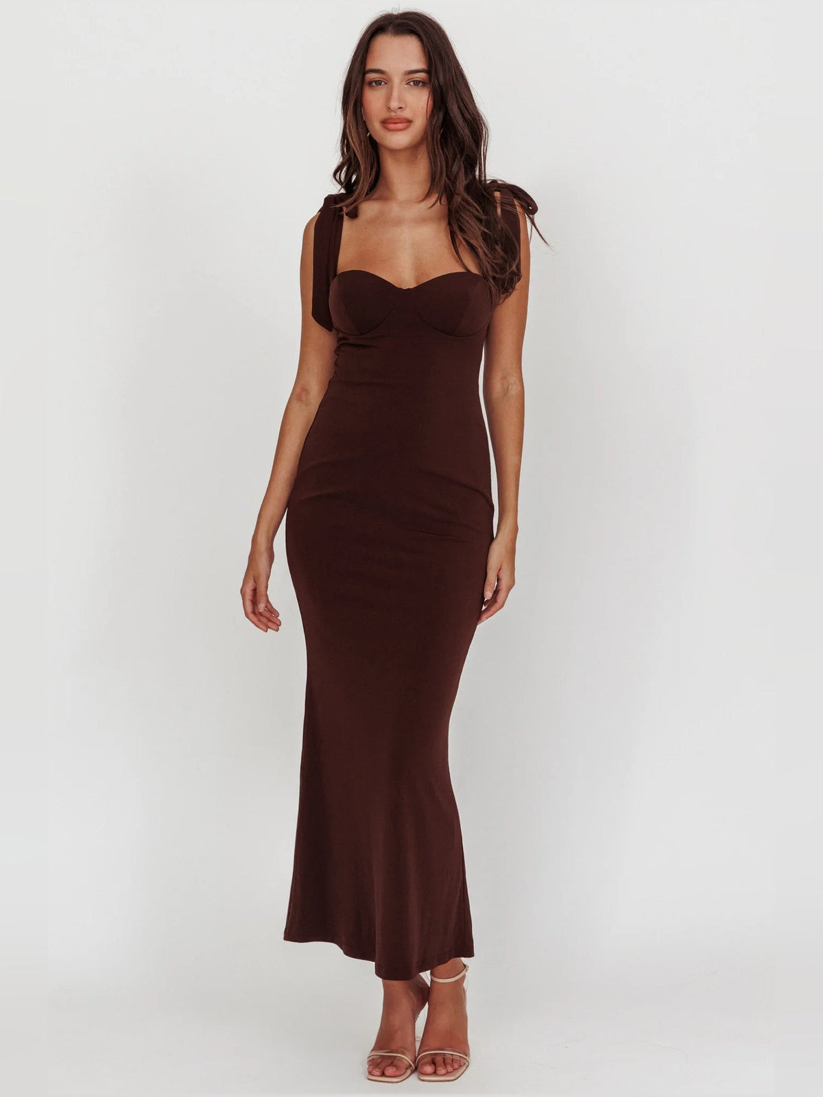 Brown sheath midi formal dress with sweetheart neckline, alternate view