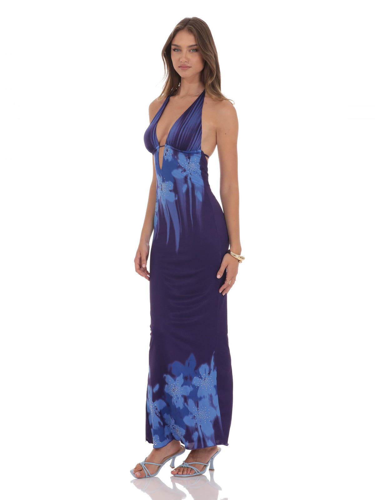 Purple bridesmaid dress with structured woven fabric construction and maxi hem