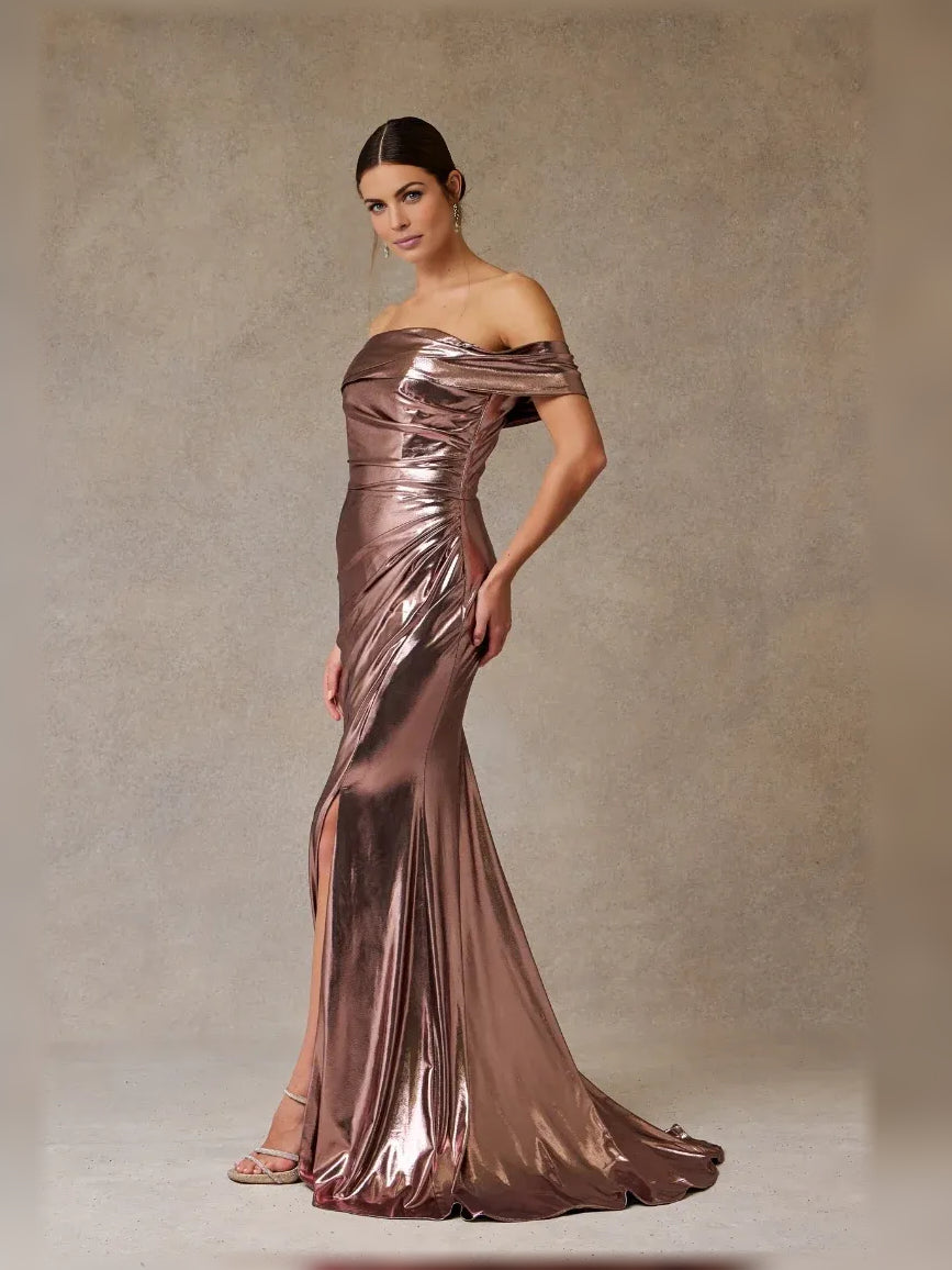 Rose-gold metallic off-shoulder formal dress with ruched bodice, floor-length silhouette