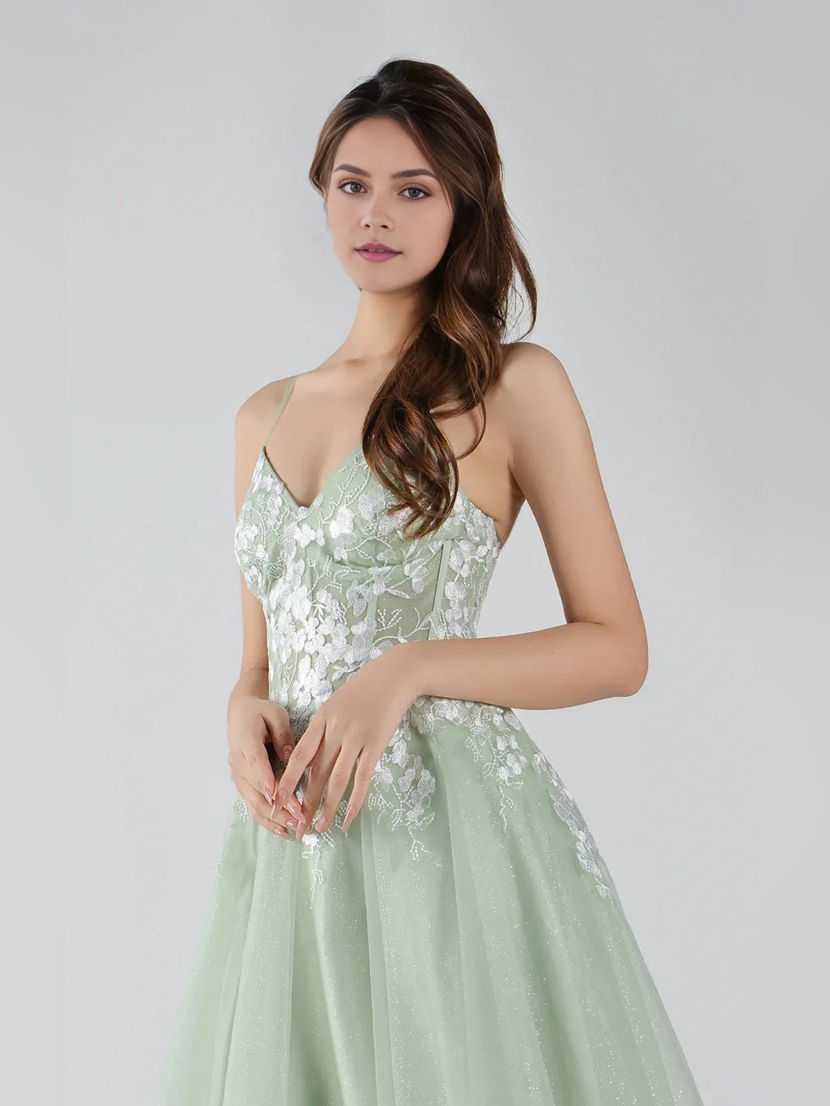 Sage green floral applique corset V-neck A-line mini tulle dress