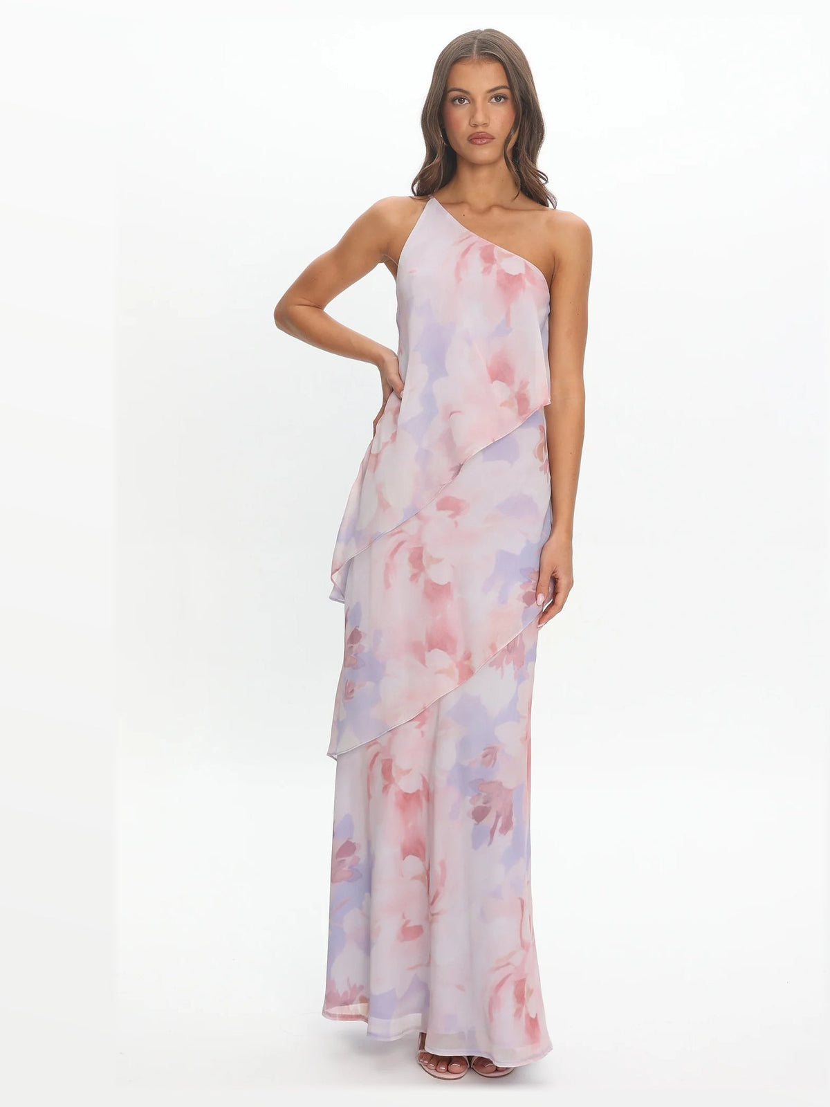 Lilac formal dress with structured woven fabric construction and maxi hem