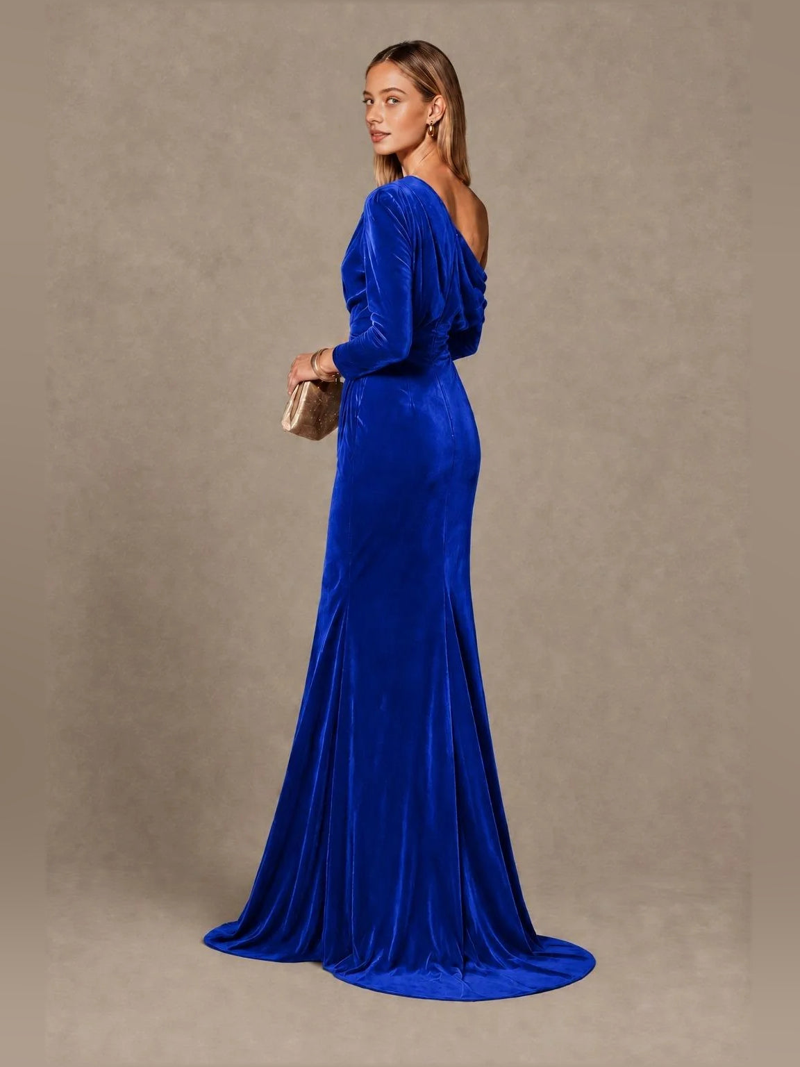 Royal blue velvet one-shoulder mermaid gown with draped bodice, long sleeve