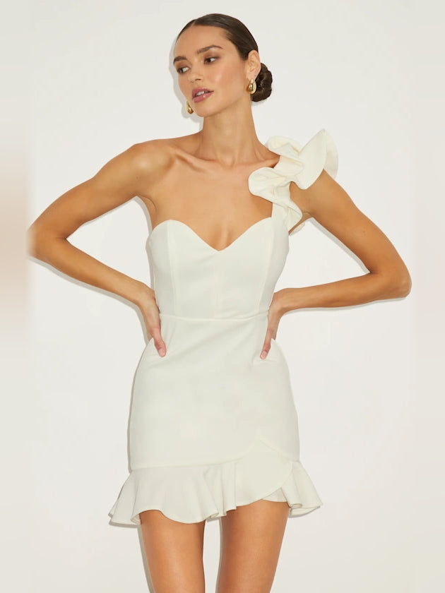 White one-shoulder mini dress with ruffle-trimmed sleeve and flared hem