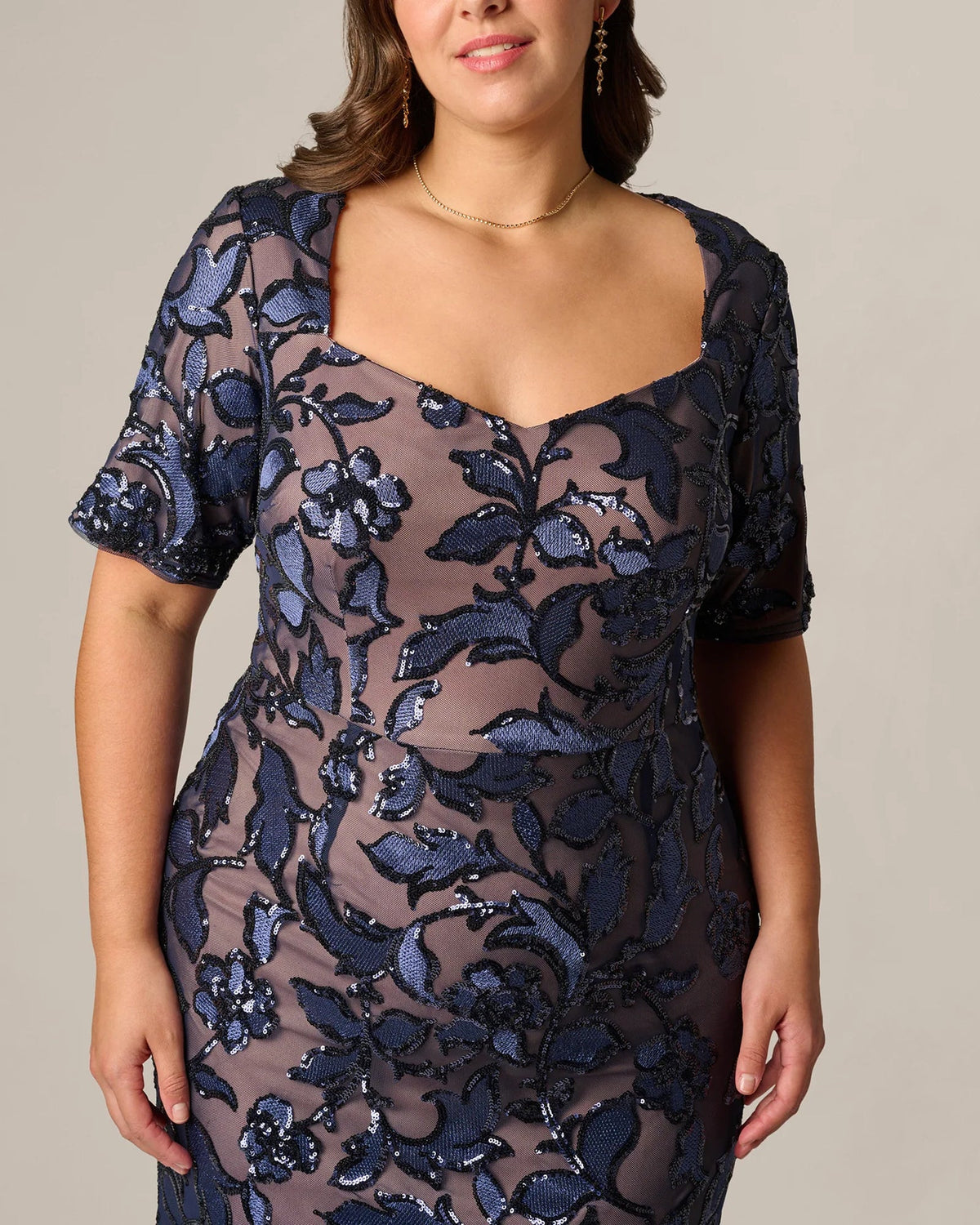 Navy embellished floral sequin bodice with square neckline and short sleeves