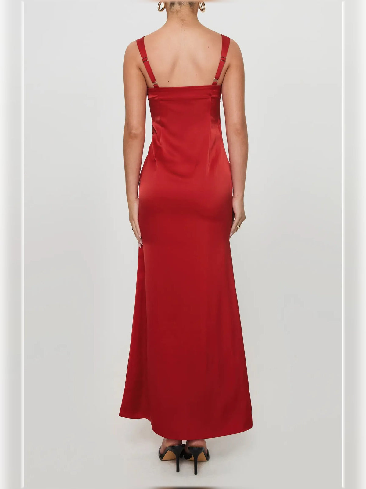 Red square-neck ruched slip midi dress, square back with thin shoulder straps