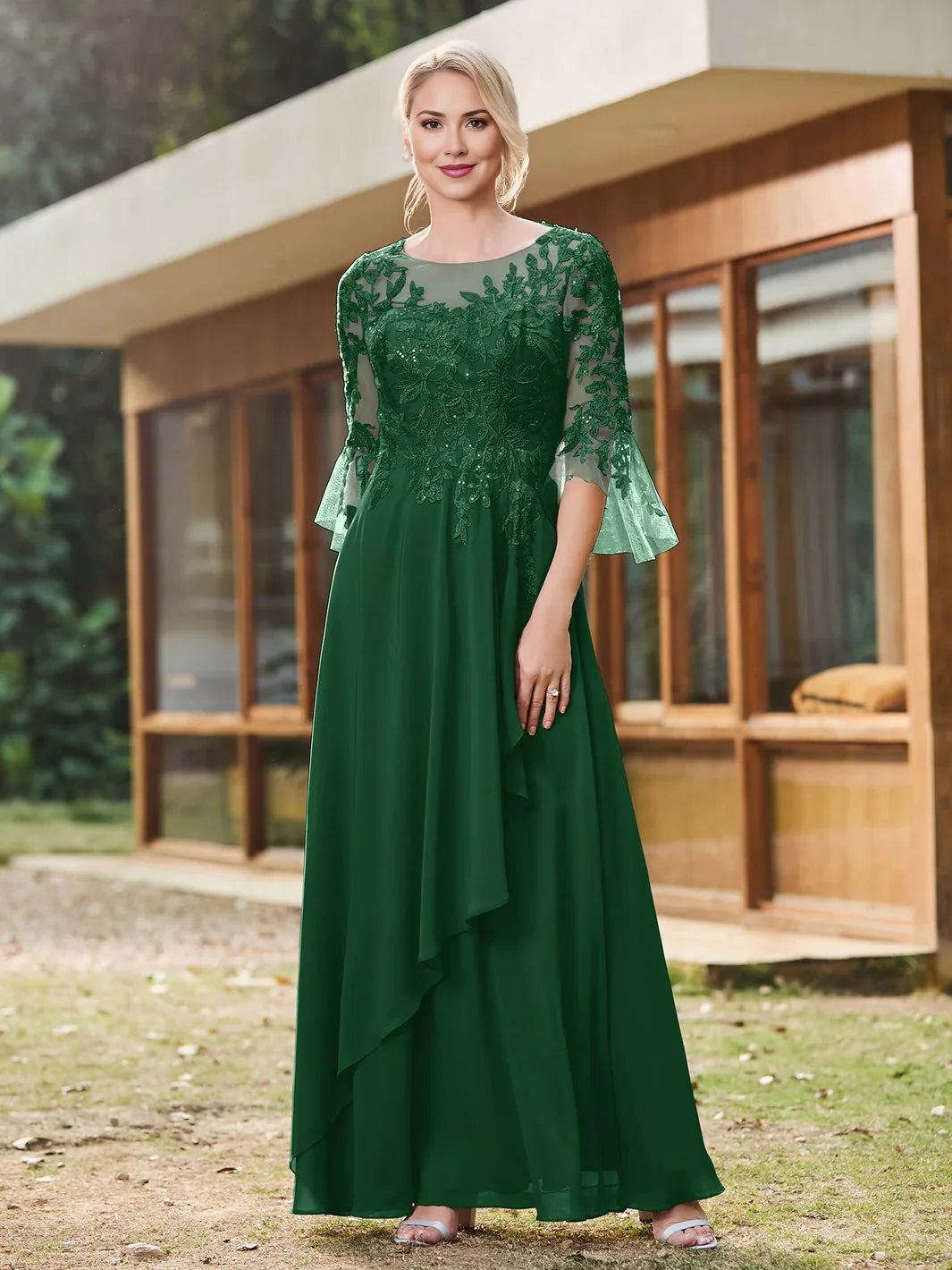 Floral illusion neck A-line chiffon dress, dark green, ruffle bell sleeves