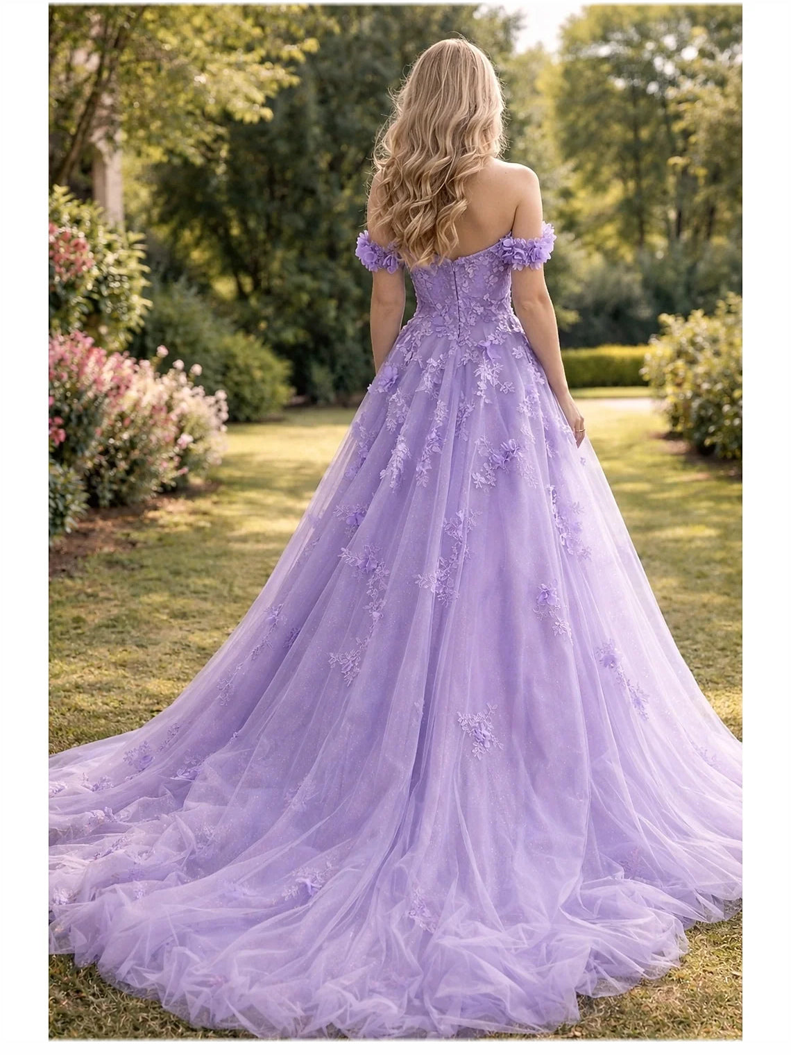 Lavender off-shoulder floral glitter tulle A-line prom dress, back view