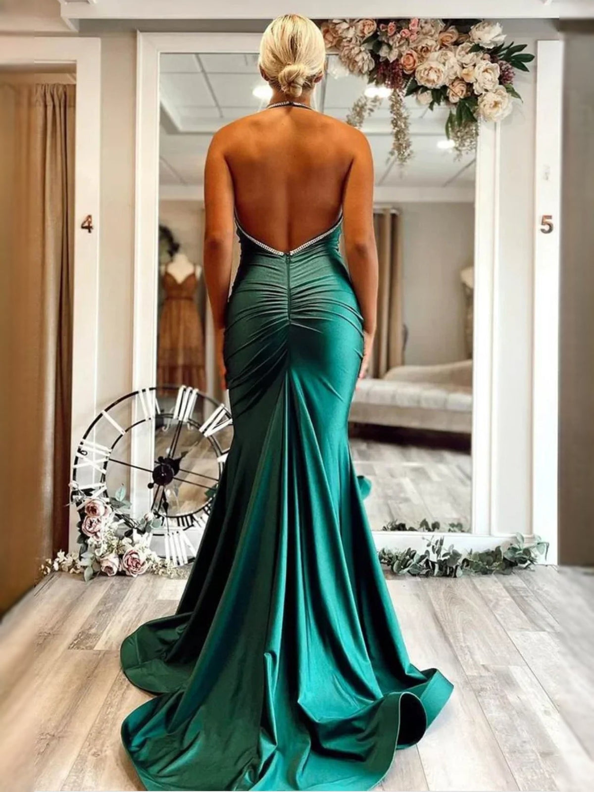 Dark green backless sweetheart mermaid satin prom dress, open back view