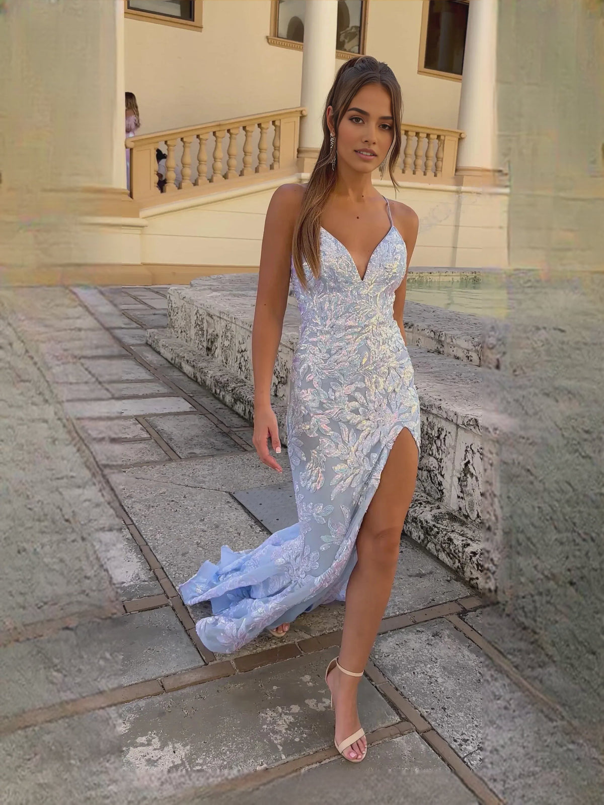 Light blue floral print V-neck spaghetti strap formal dress with front slit and ruffled hem