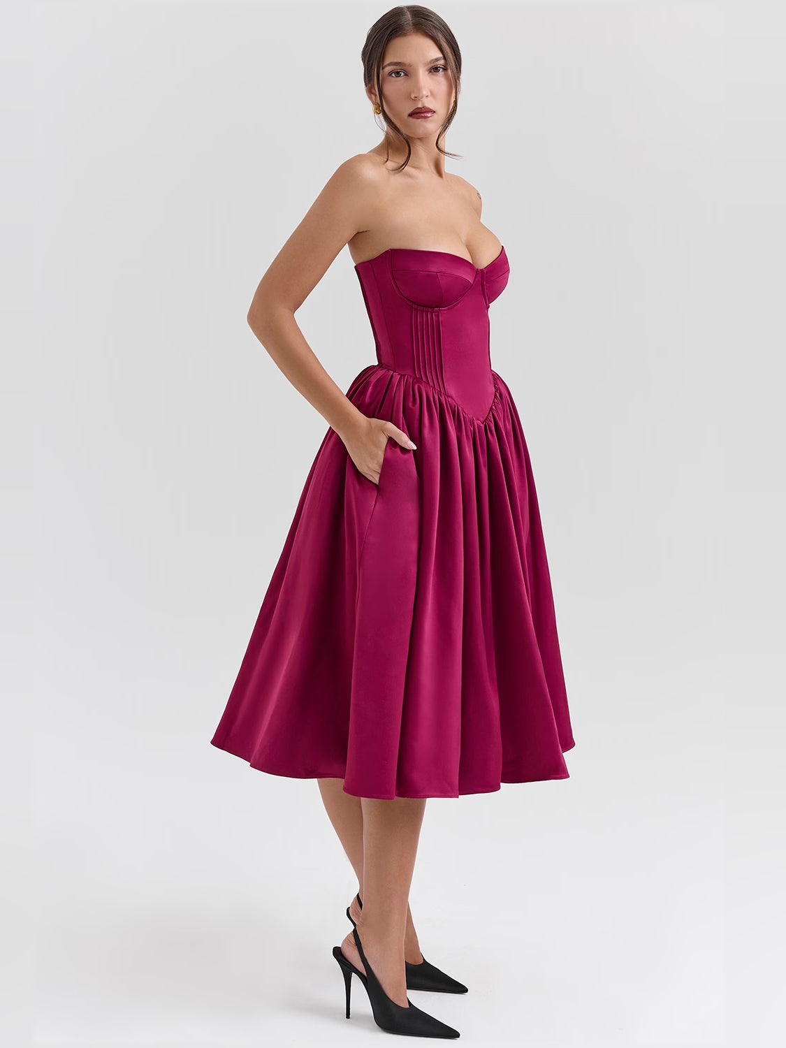 Fuchsia satin tulle midi dress with strapless sweetheart bodice and flared skirt