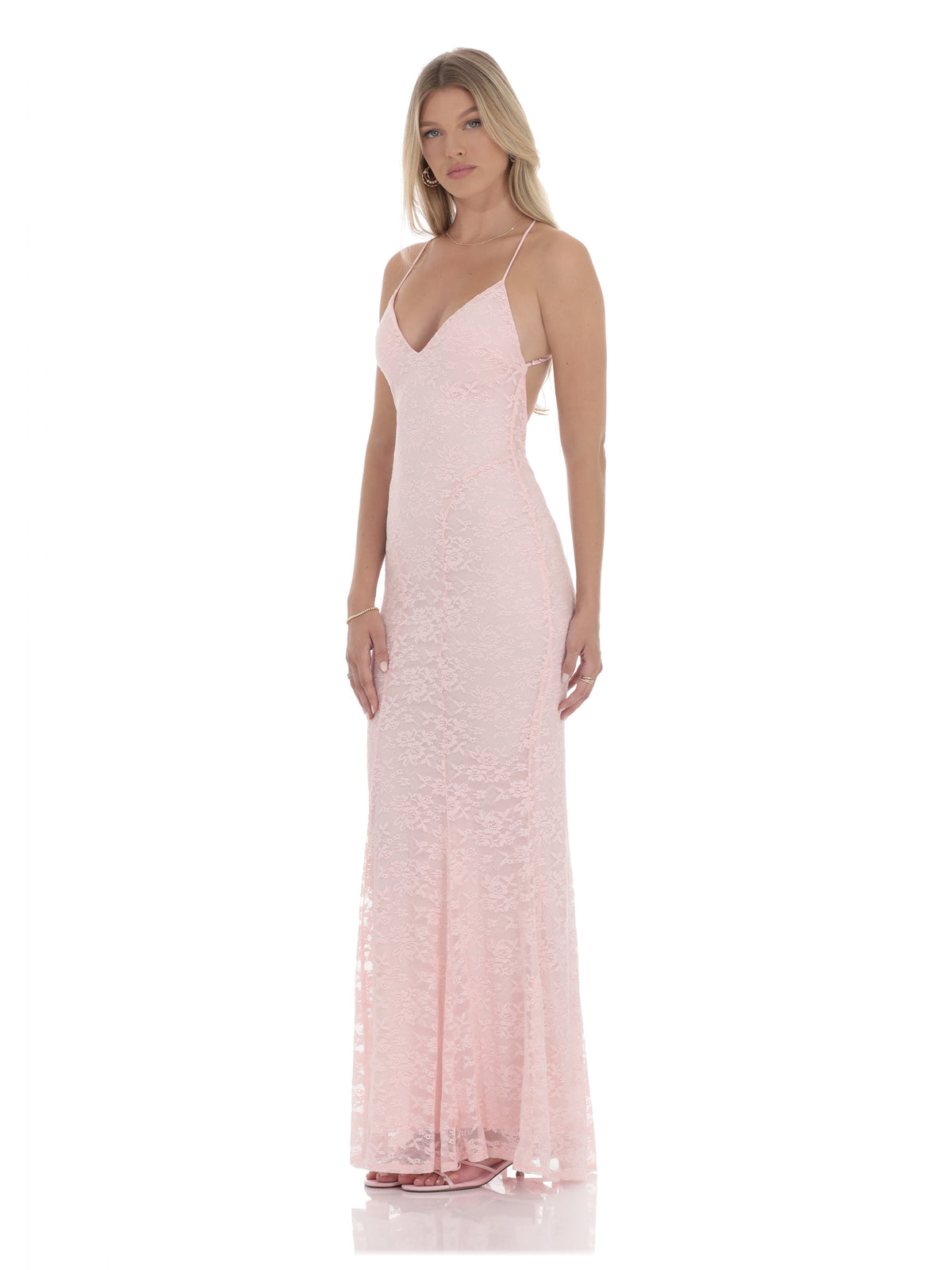 Pink bridesmaid dress with mesh construction and maxi hem